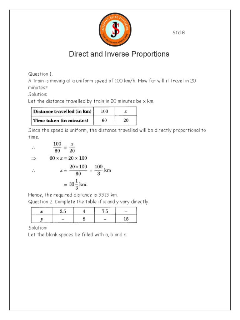 Class 8 Direct and Inverse Proportions | PDF | Gases | Pressure