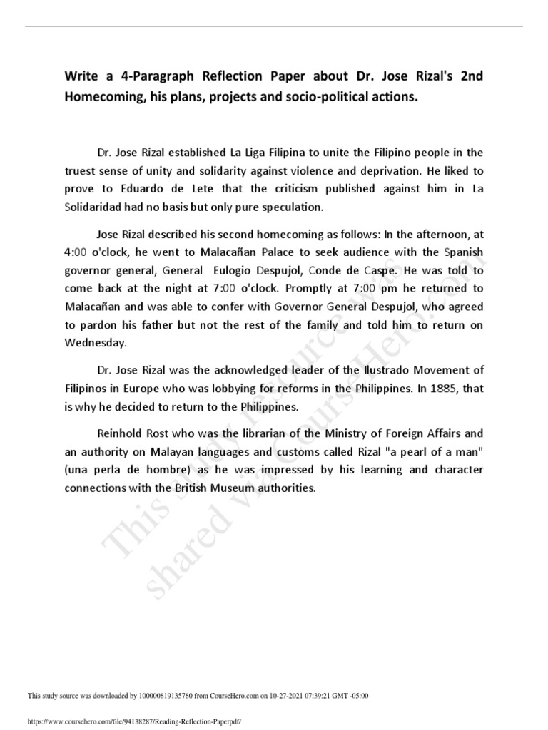 Reading Reflection Paper PDF | PDF | Southeast Asia | Philippines
