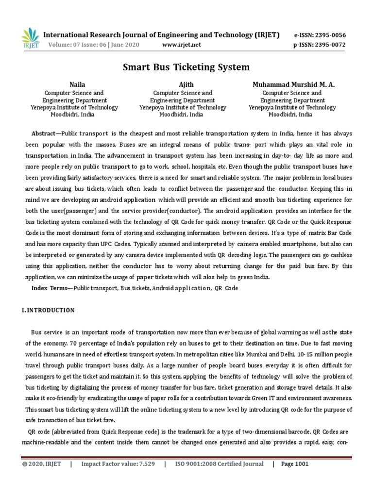 Irjet Smart Bus Ticketing System Pdf Qr Code Ticket Admission