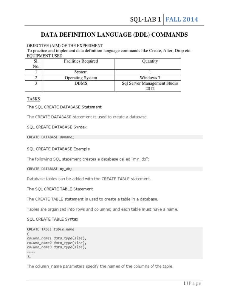 Data Definition Language (DDL) Commands: Sql-Lab 1 | PDF | Databases | Sql