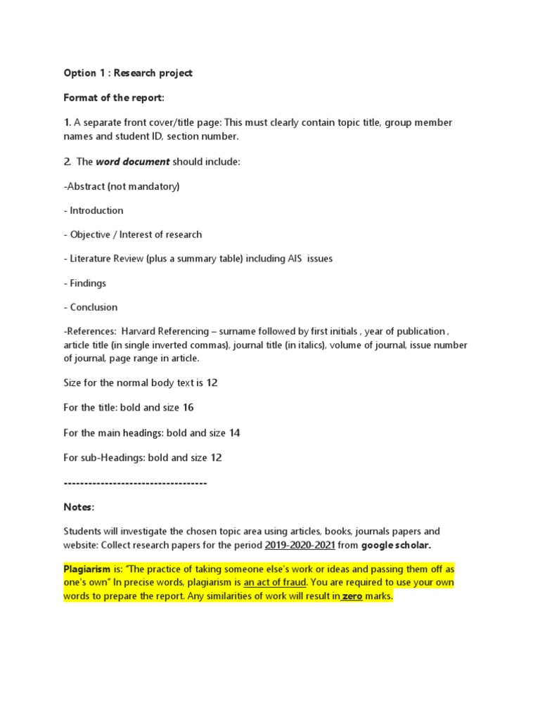 Option 1: Research Project Format of The Report:: Headings | PDF ...