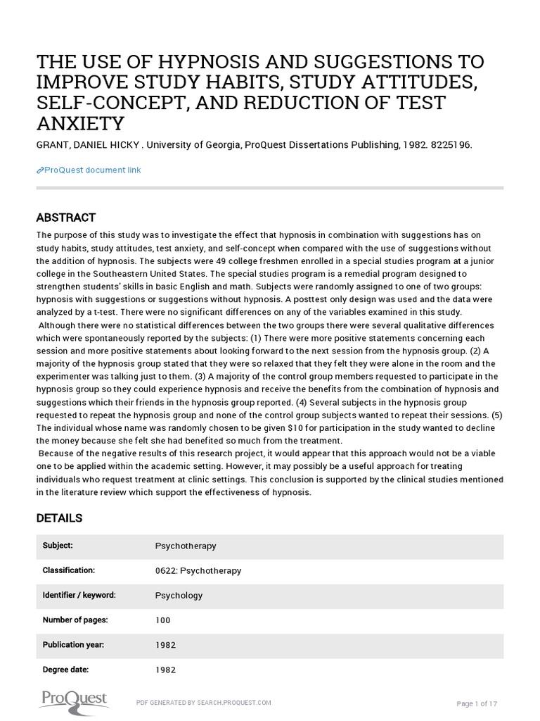 The Use of Hypnosis and Suggestions To Improve Study Habits, Study ...