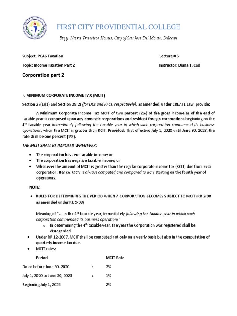 MCIT and NOLCO Guidelines 2023 | PDF | Taxes | Dividend