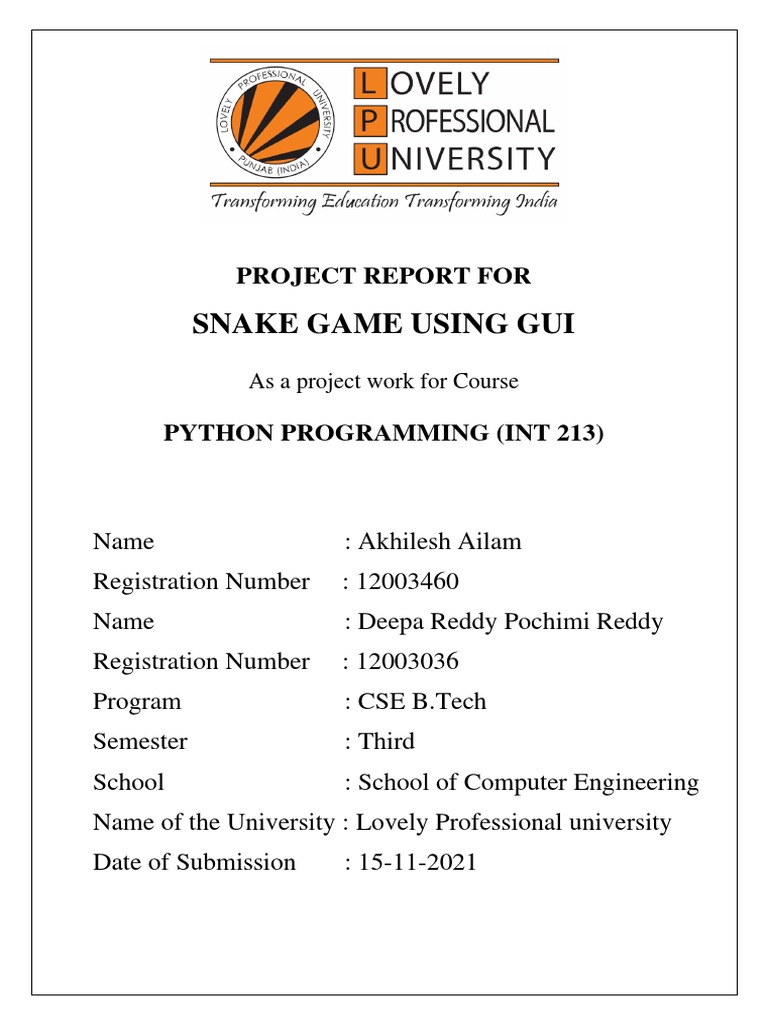 Snake Game Using Gui: Project Report For | PDF | Python (Programming ...