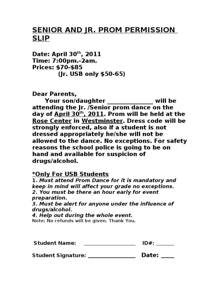 Jr./Sr. Prom Permission Slip 2011 | PDF | Wellness