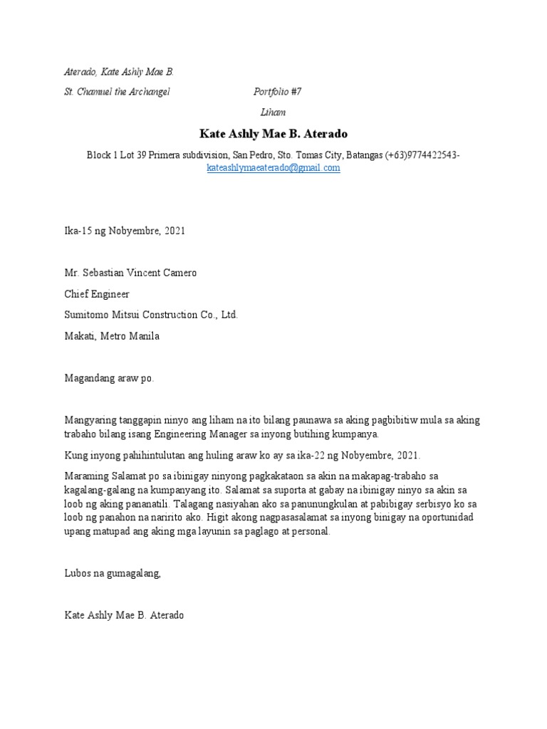Example of Liham Pagbibitiw | PDF