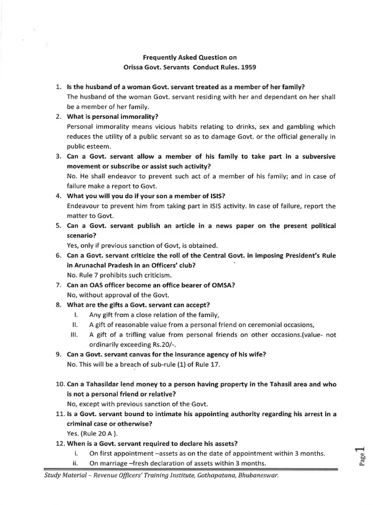 Faq On Orissa Govt Servants Conduct Rules 1959 PDF