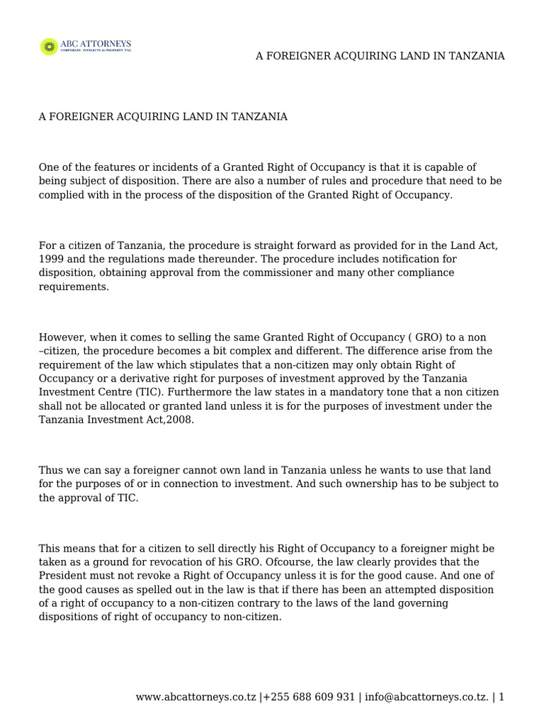 Foreign Land Acquisition in Tanzania | PDF | Lease | Leasehold Estate