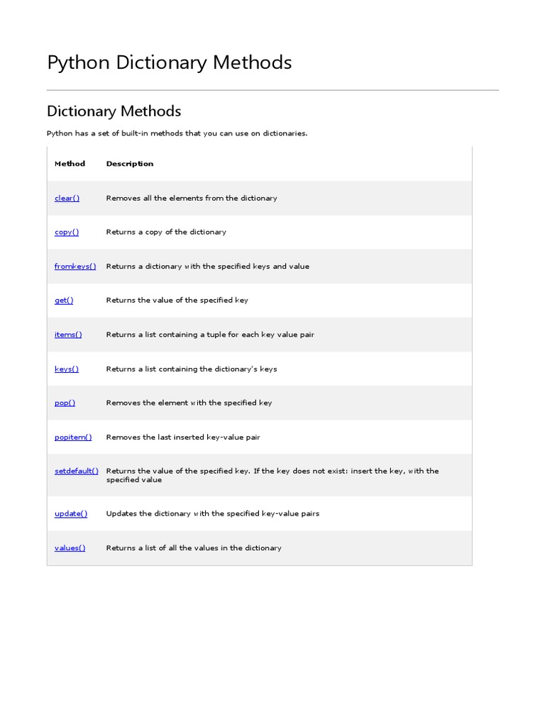 Python Dictionary Methods | PDF | Parameter (Computer Programming ...