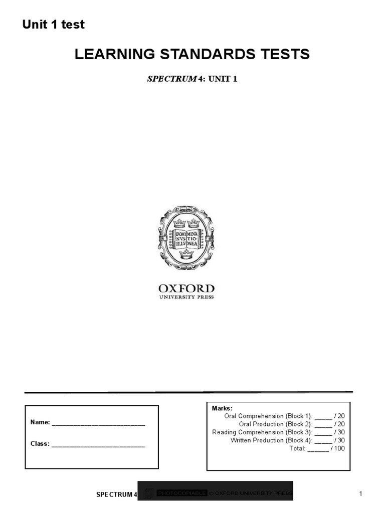 Learning Standards Tests: Unit 1 Test | PDF | Evaluation | Reading ...