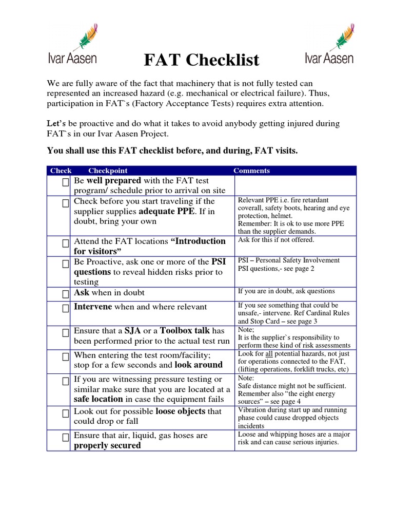 FAT Checklist You Shall Use This FAT Checklist Before, and During, FAT