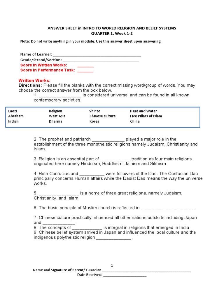 Answer Sheet: World Religions Overview | PDF | Catholic Church | Muhammad