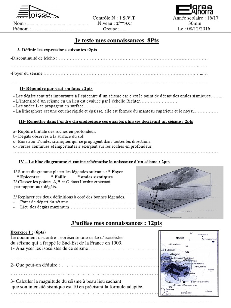 Devoir Corrigé Svt 4ème Mouvement Des Plaques Devoir 1 Modele 2 SVT 2ac Semestre 1 | PDF | Tremblements de terre |  Tectonique des plaques