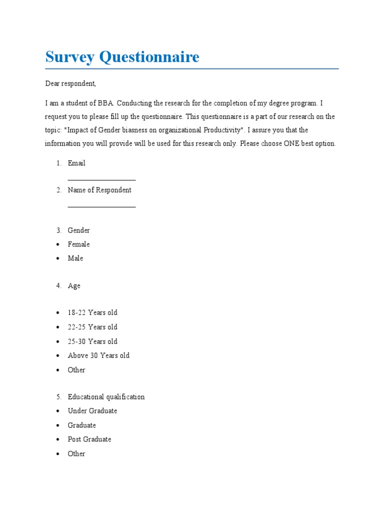Gender Bias Impact Survey Questionnaire | PDF | Gender | Gender Studies