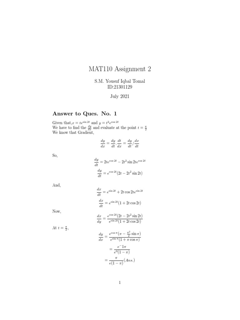 MAT110 Assignment 2 Answer To Ques. No. 1 PDF Special Functions Mathematical Objects