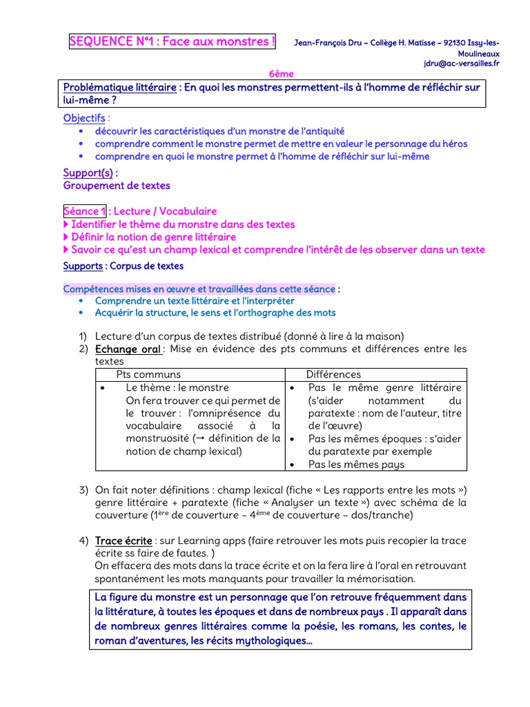Comment M aider Pour Apprendre Les Figure De Style 6ème Schéma Sequence 6eme Face Aux Monstres Weblettres | PDF | Minotaure | Verbe
