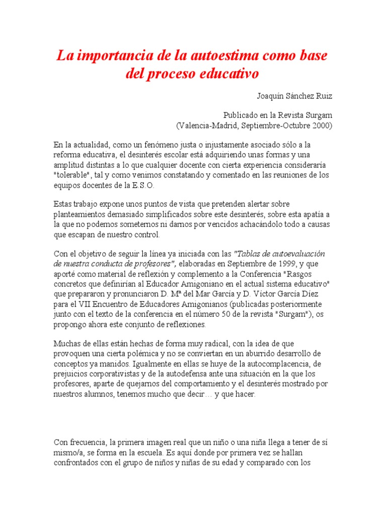 La Importancia de La Autoestima Como Base Del Proceso Educat | PDF ...