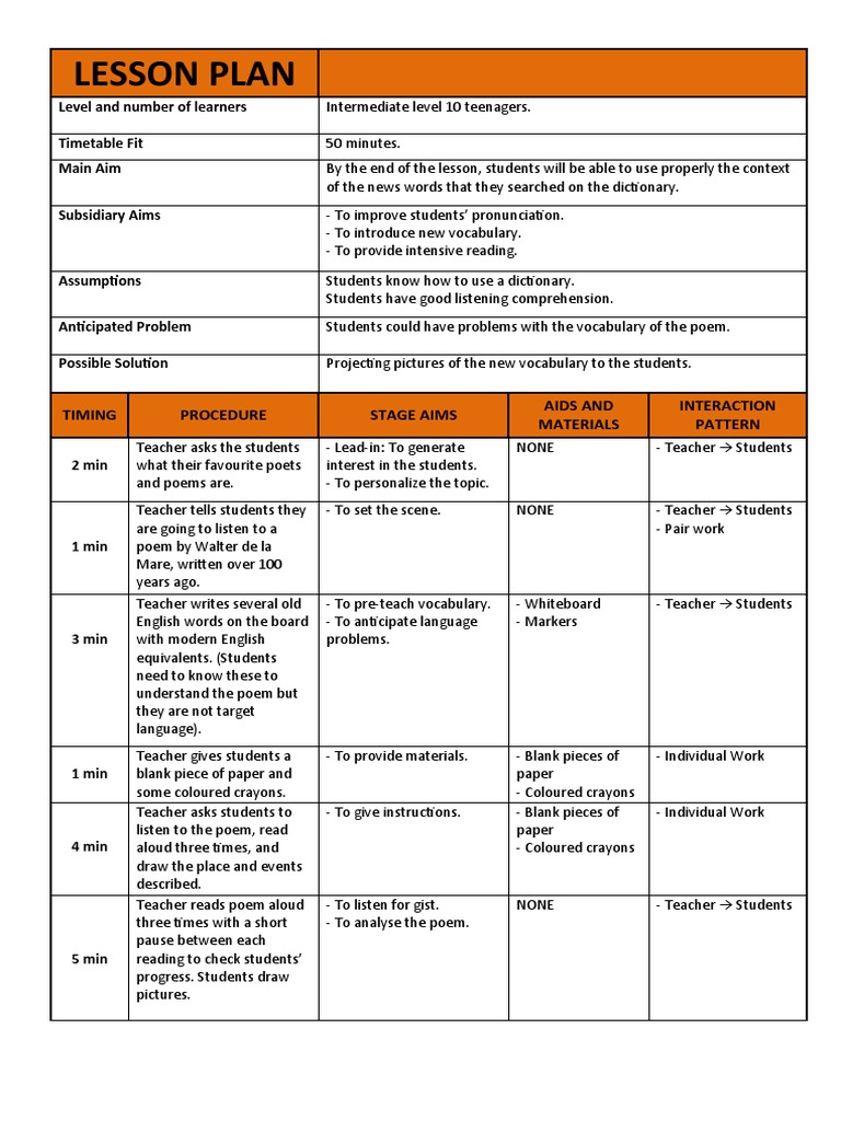 Lesson Plan Timing Procedure Stage Aims Aids and Materials Interaction