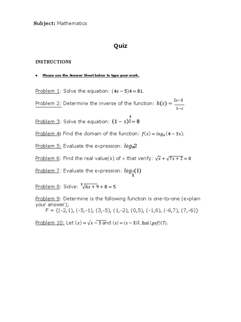 Grade 11 Math Quiz Solutions | PDF | Function (Mathematics ...