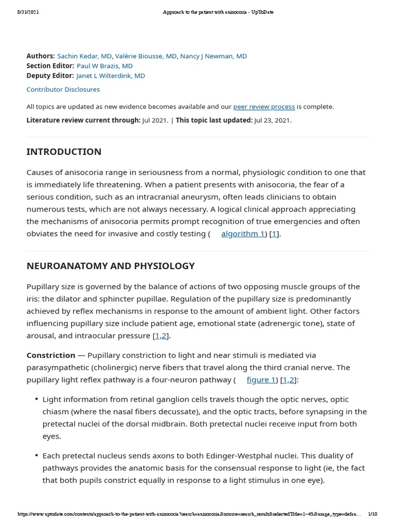 Approach To The Patient With Anisocoria UpToDate PDF Neuroscience