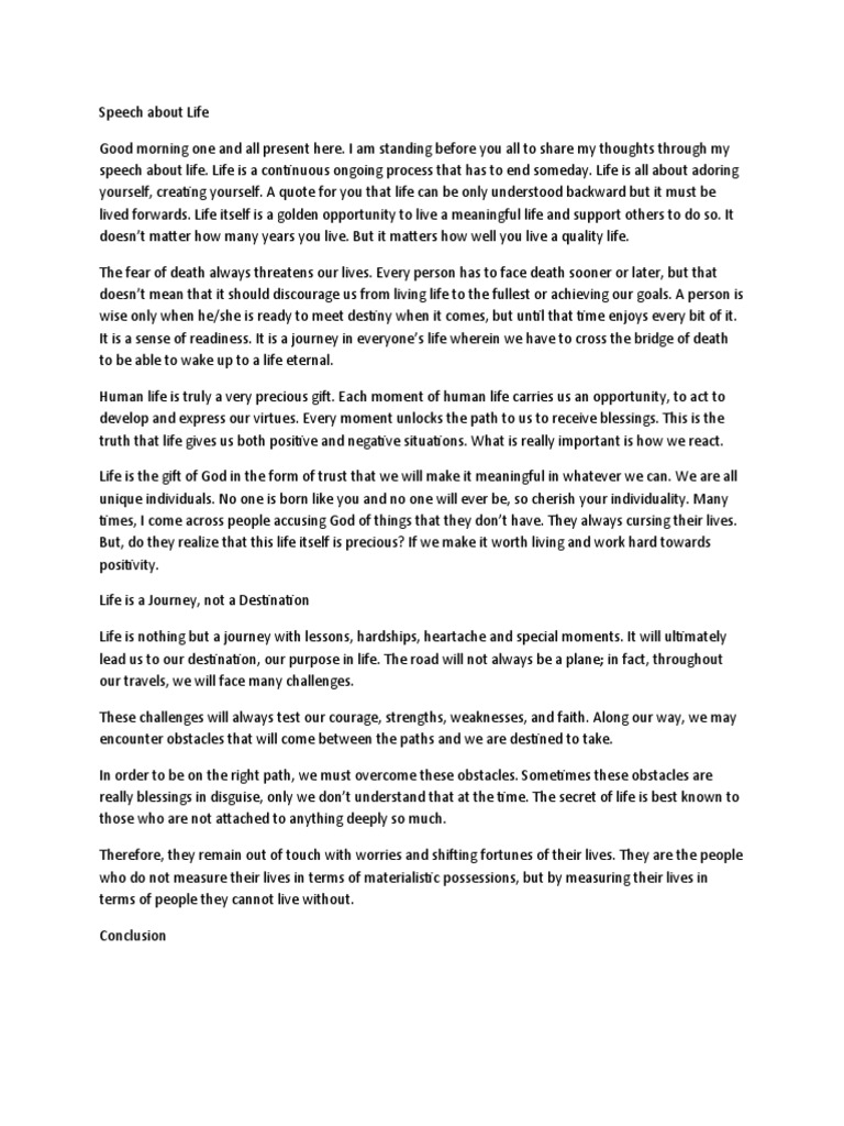 Speech About Life Pdf Philosophical Theories