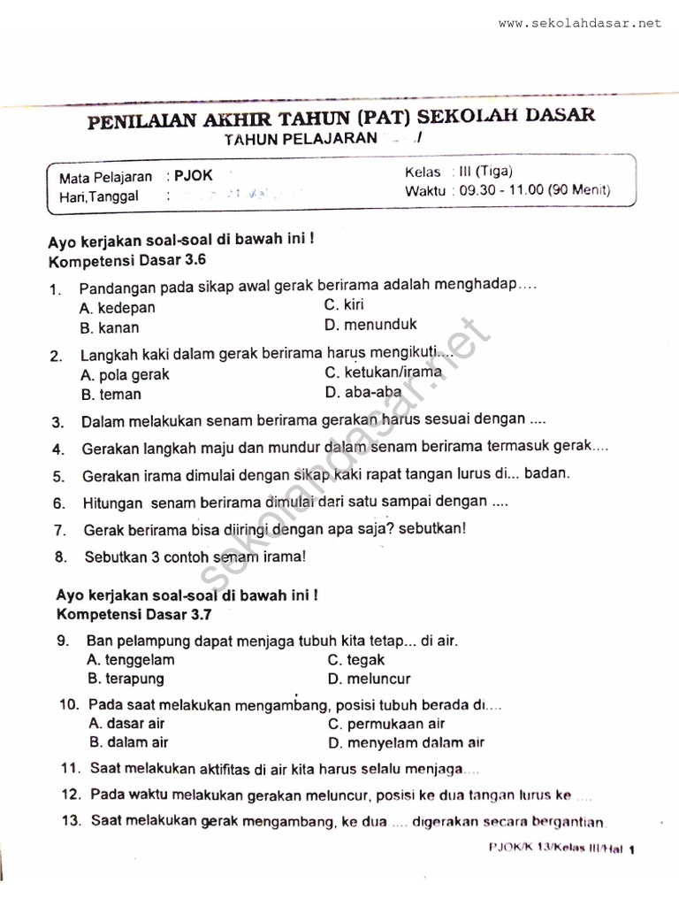 Soal ulangan pjok kelas 3 semester 2