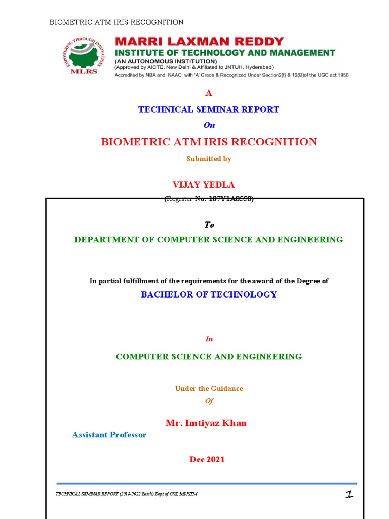 Biometric Atm Iris Recognition Technical Seminar Report PDF