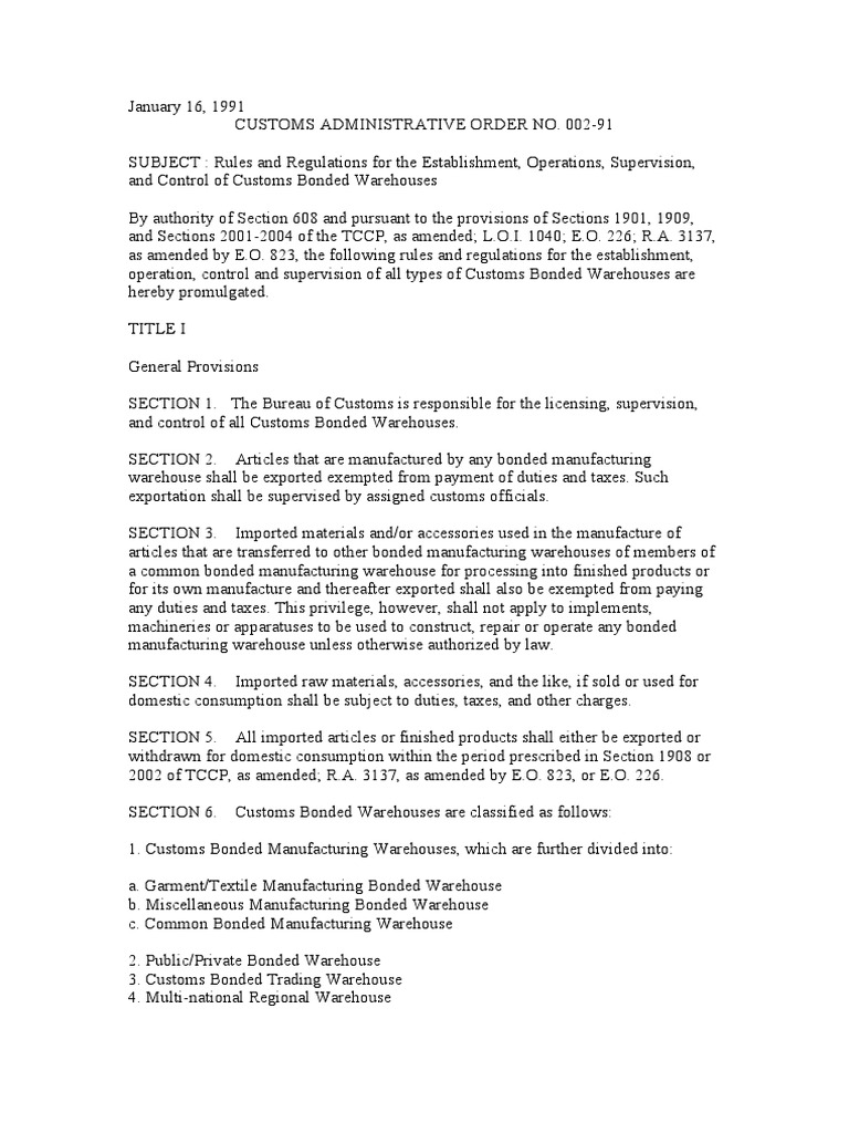 Customs Bonded Warehouse Regulations | PDF | Customs | Taxes