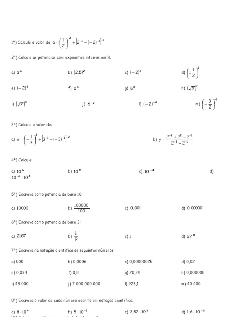 Lista de Exercícios Potenciação | PDF | Notação matemática | Notação