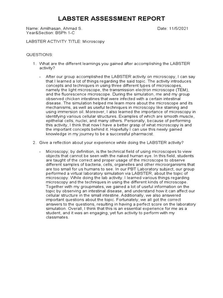 Labster Assessment Report (Activity 2) PDF Microscope Microscopy