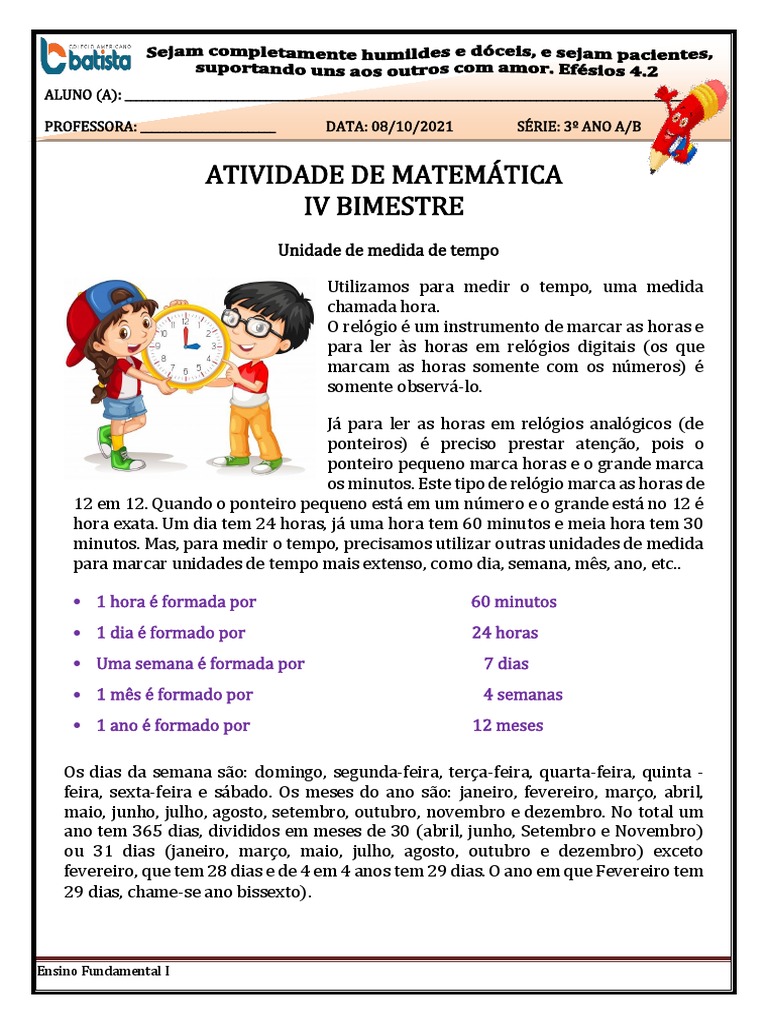 ATIVIDADE DE MATEMÁTICA HORAS: AS PARTES DE UM RELÓGIO