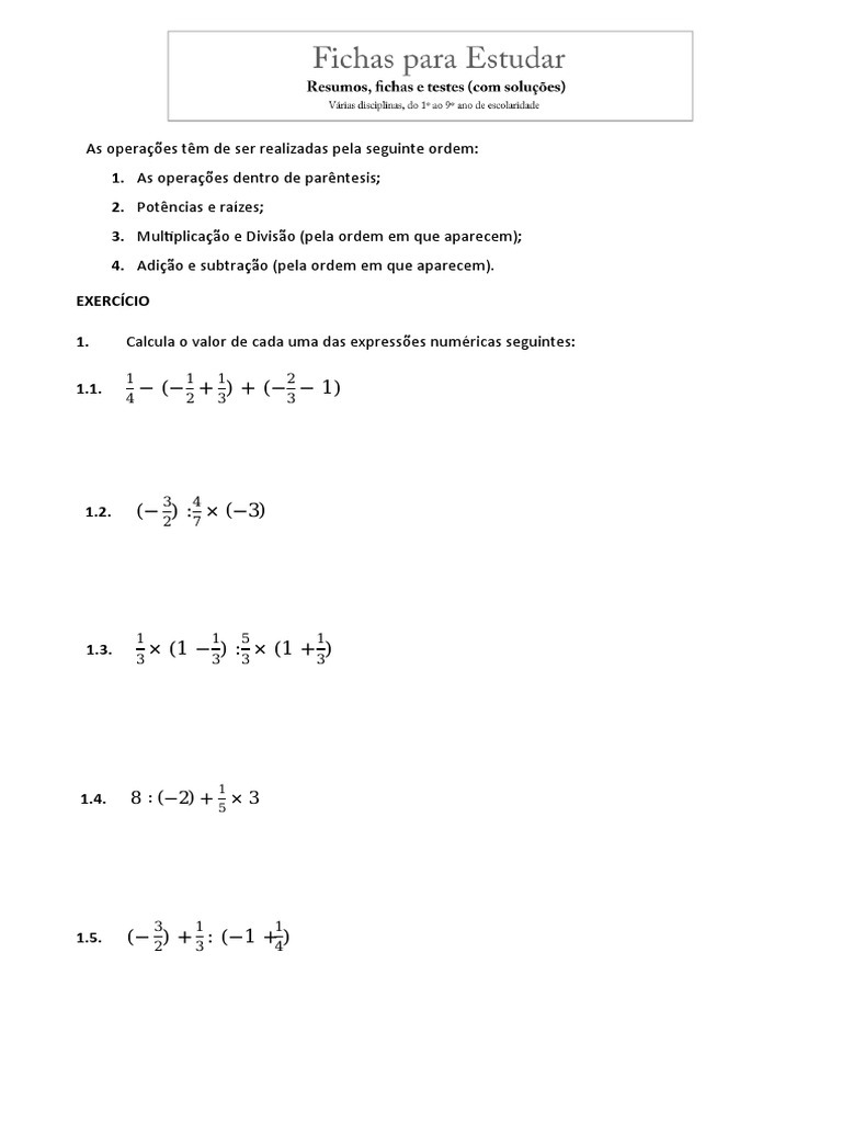 Ficha Matemática 7 Ano Expressoes Numericas | PDF