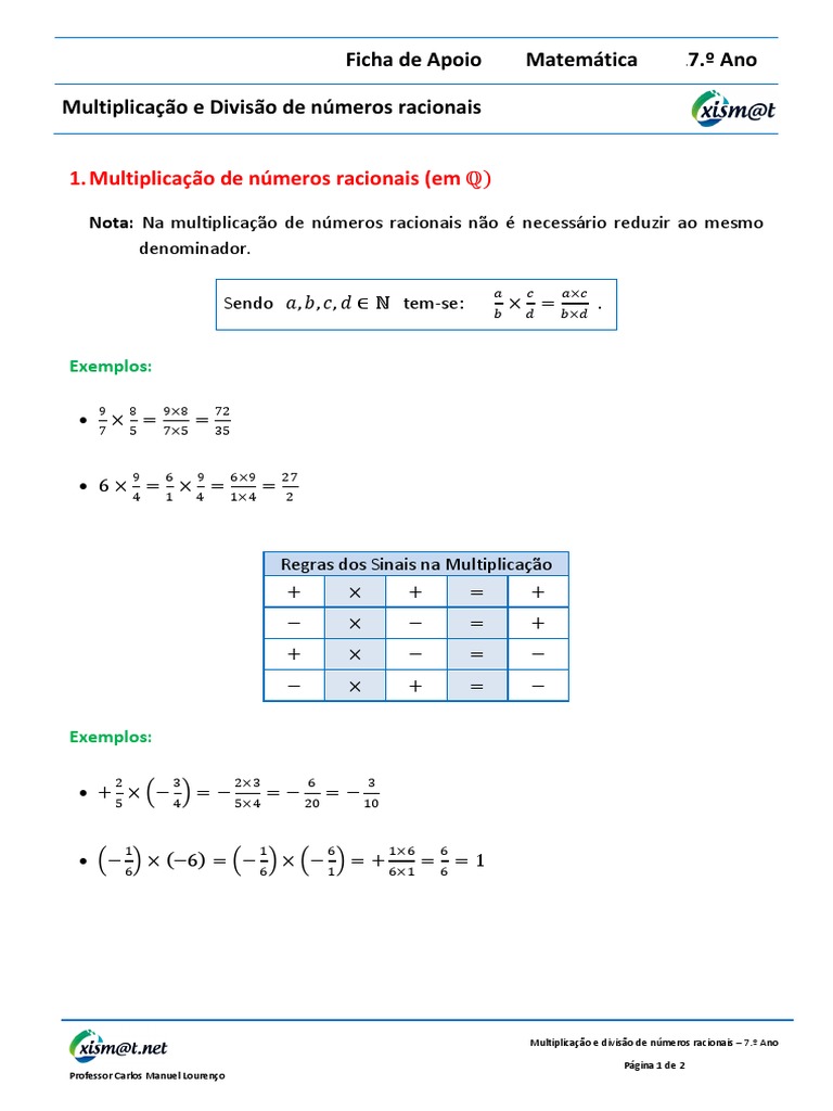 Ficha Apoio 7 - Multiplicacao e Divisao de Numeros Racionais | PDF ...