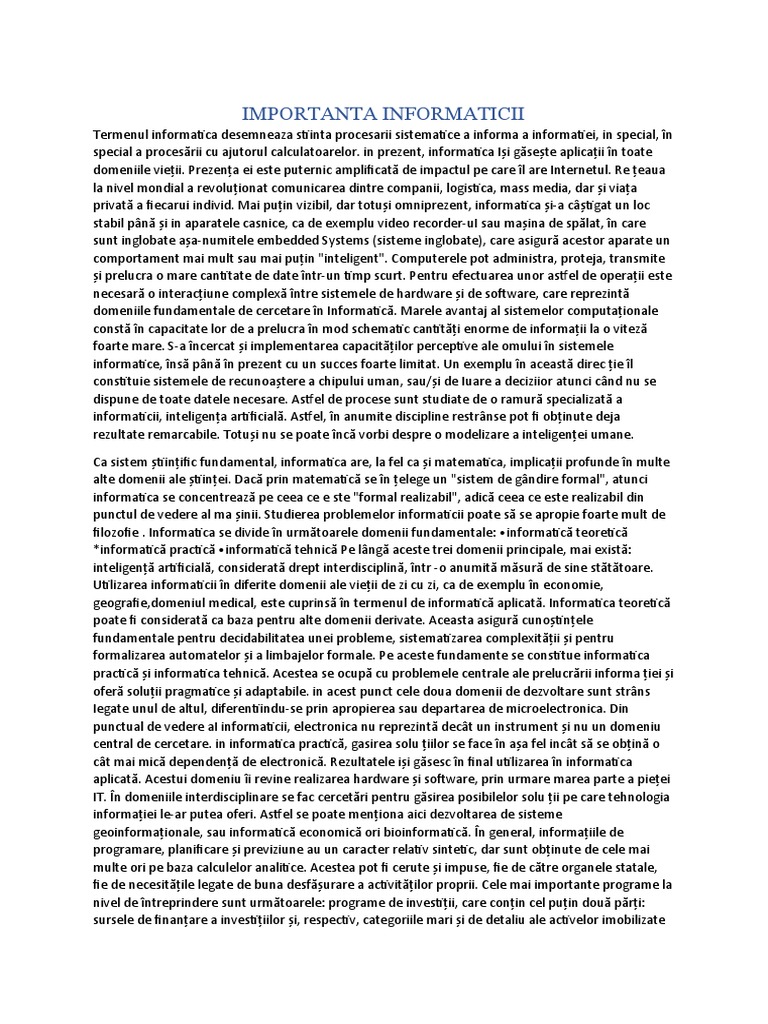 Importanta Informaticii | PDF