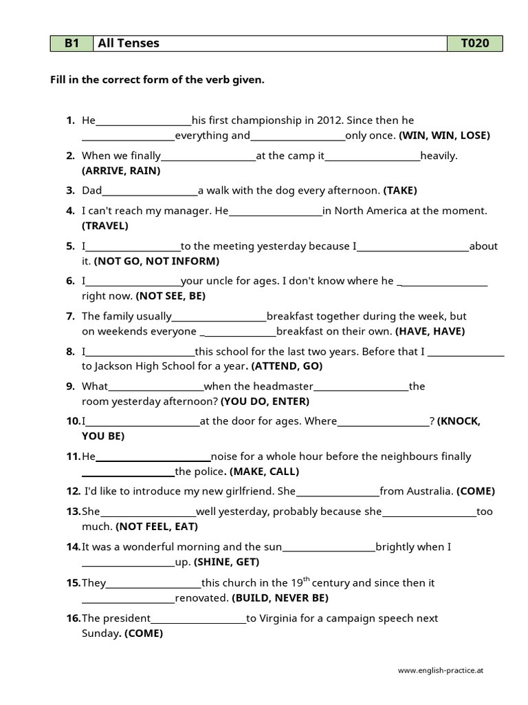 B1 Tenses Exercises for English Practice | PDF