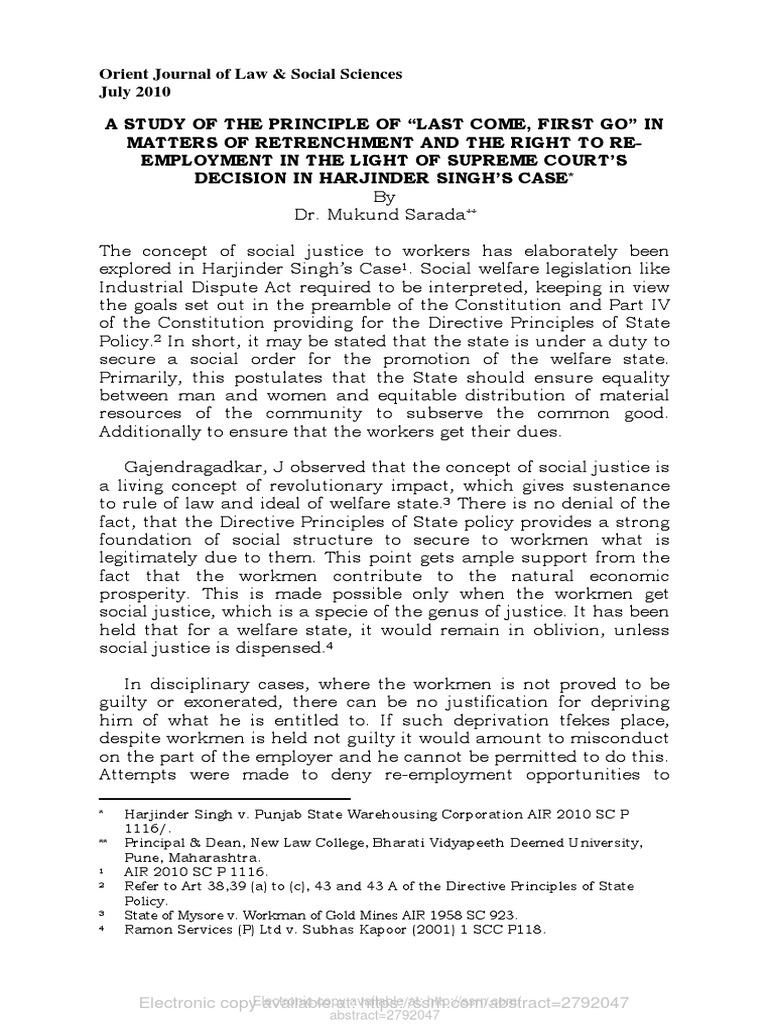 Principle of Last Come, First Go in Retrenchment PDF Employment