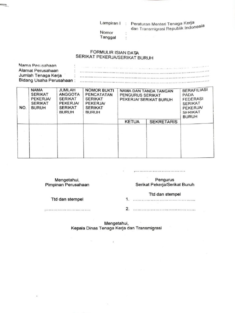 Form Isian Data Serikat Pekerja Disnaker | PDF