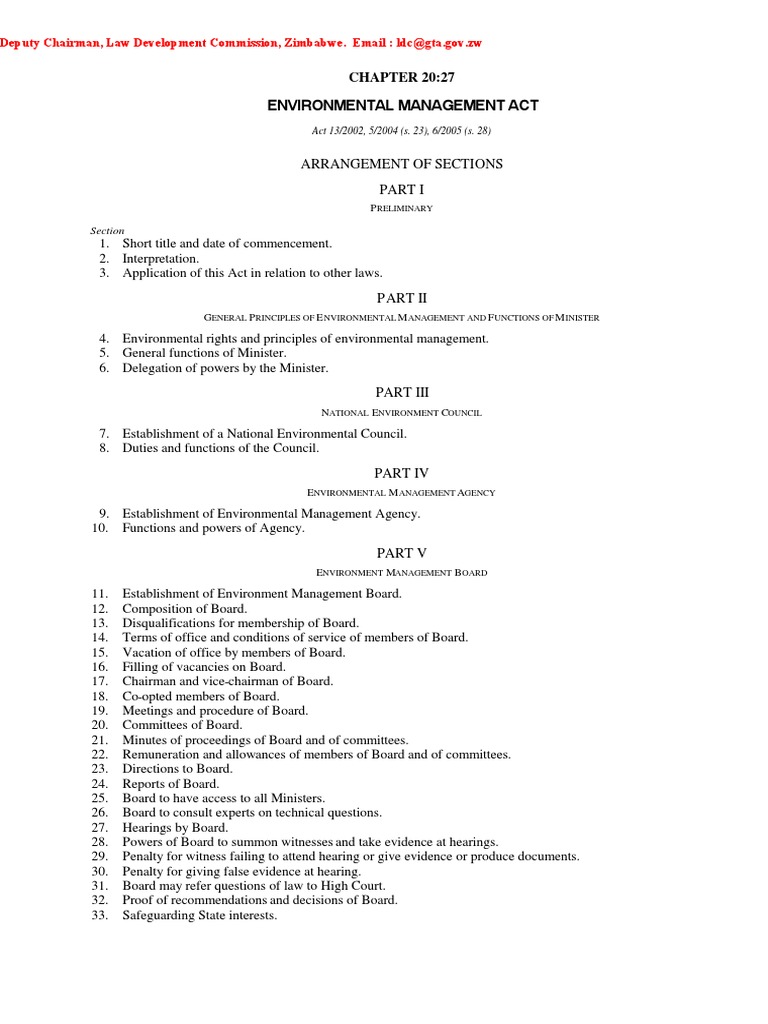 Zimbabwe Environmental Management Act Analysis of Key Provisions Regarding Environmental
