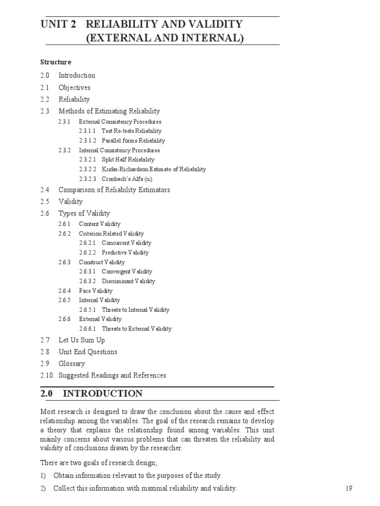 Unit 2 Reliability and Validity (External and Internal) : Structure ...