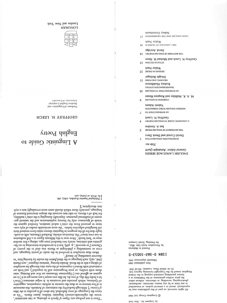 A Linguistic Guide To English Poetry Leech Pdf