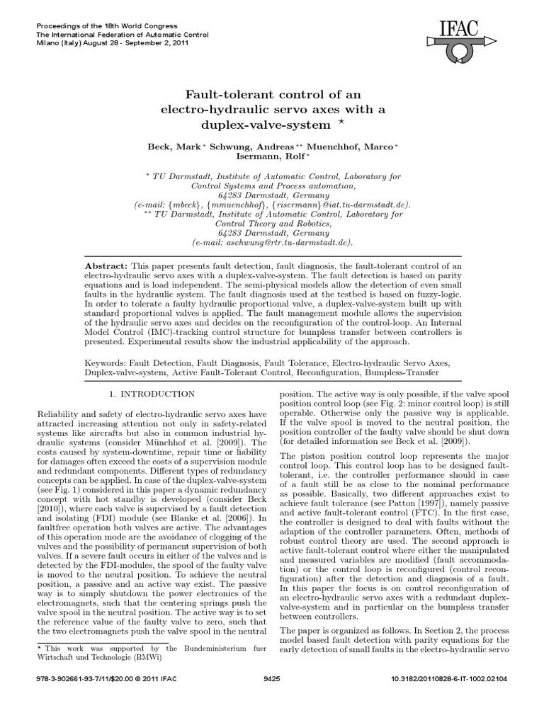 FaultTolerant Control of An ElectroHydraulic Servo Axes With A Duplex