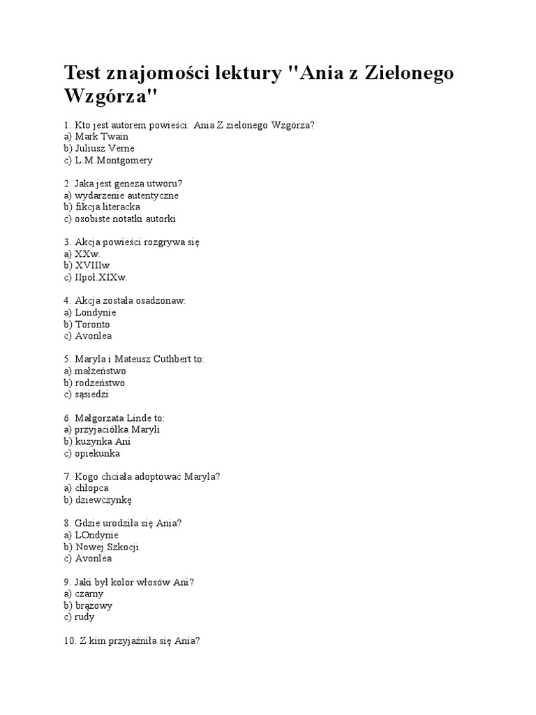 Test Z Ani Z Zielonego Wzgórza Klasa 6