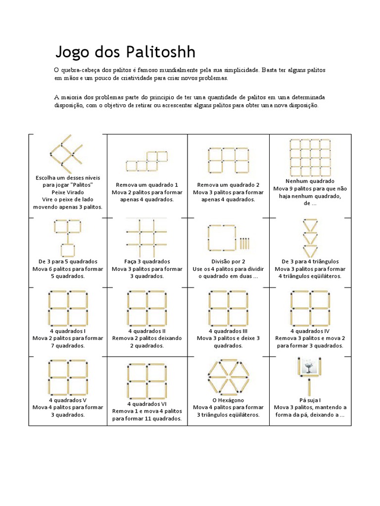 Jogo dos palitos: forme 7 quadrados com 2 movimentos - Pensar Cursos