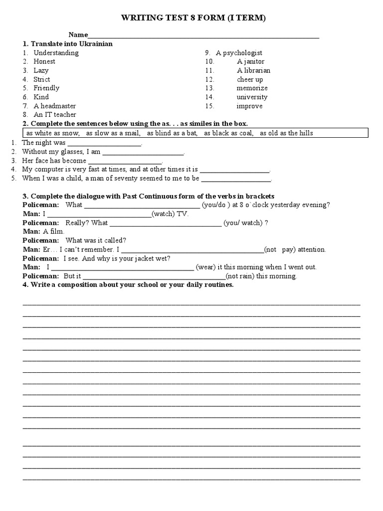 Writing Test 8: Language Exercises | PDF | Linguistics | Grammar