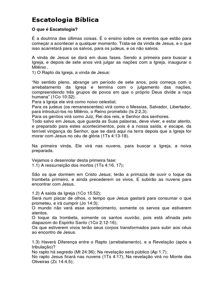 Escatologia Bíblica PDF Escatologia Arrebatamento cristão