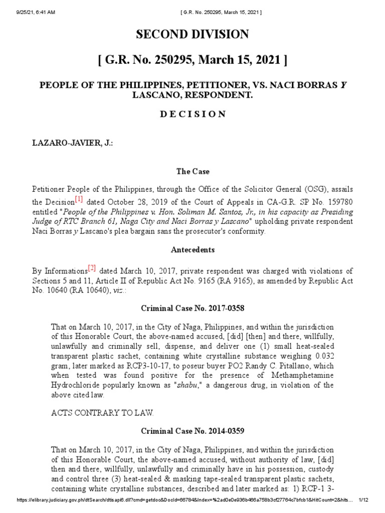 Plea Bargaining in Drug Case G.R. 250295 | PDF | Plea | Plea Bargain