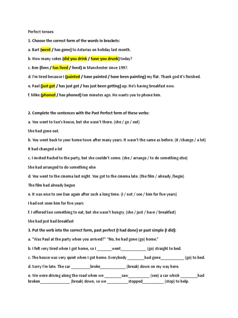 Perfect Tenses Practice Exercises | PDF | Perfect (Grammar ...