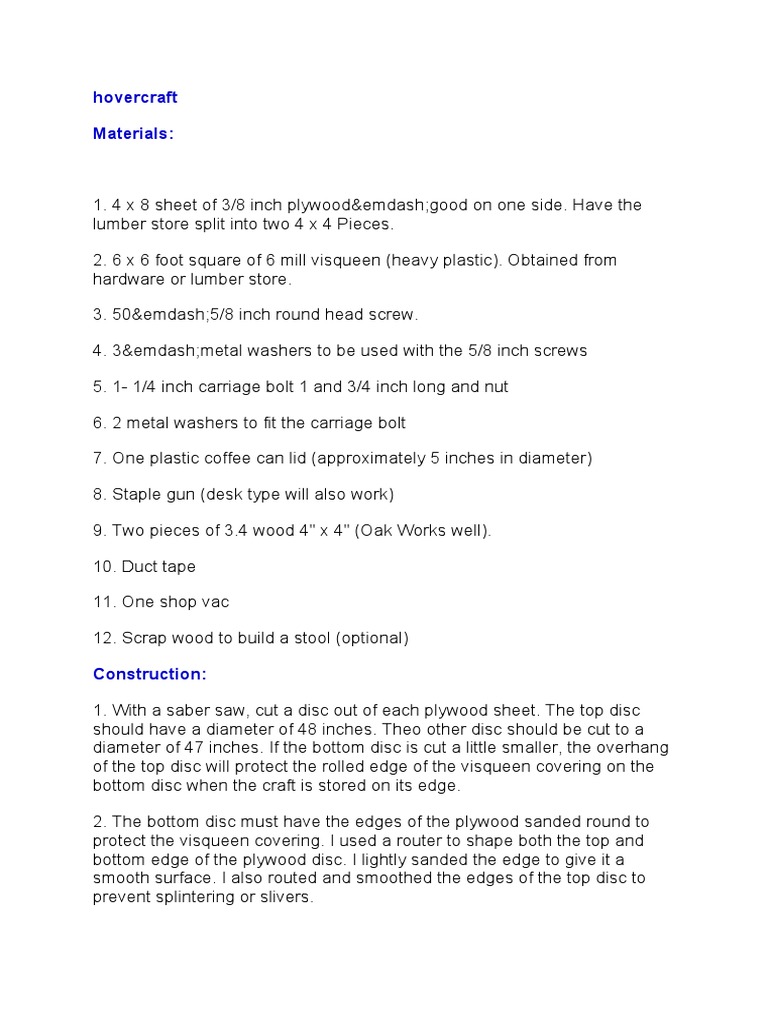 Building Instructions For A Homemade Hovercraft A Step By Step Guide