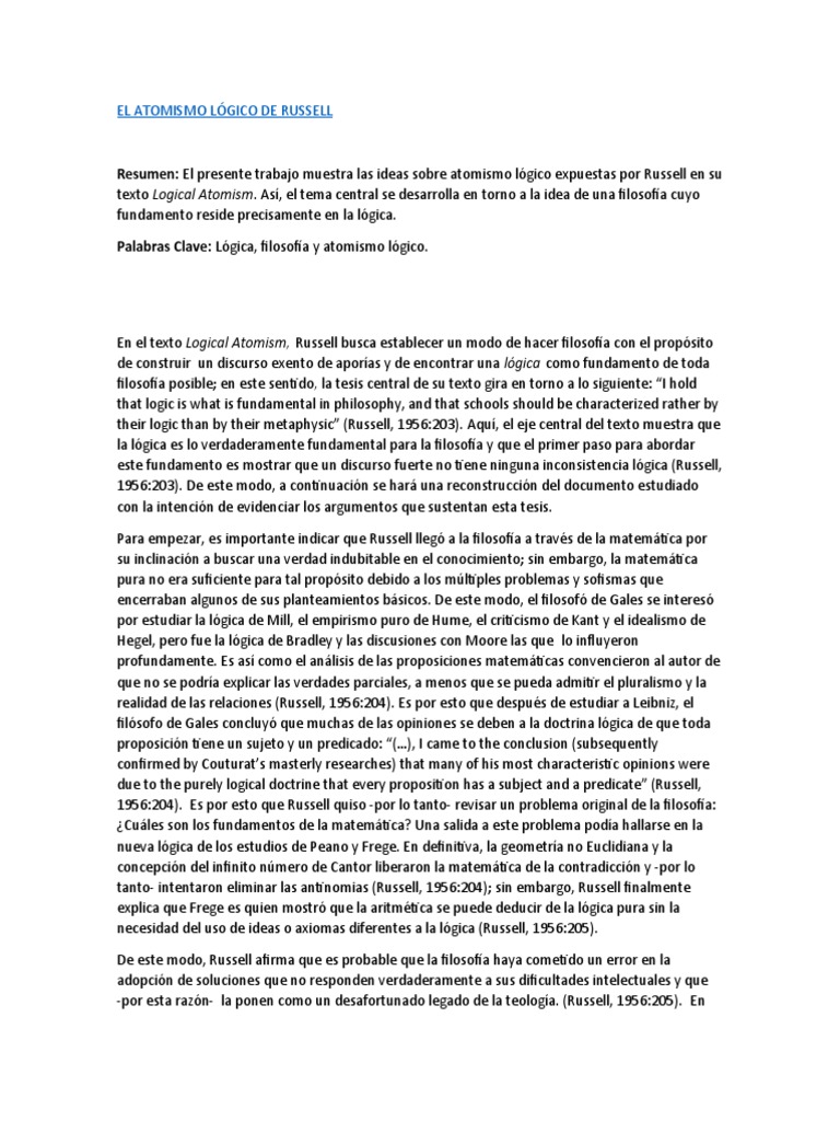 El Atomismo Lógico de Russell Filosofia PDF Bertrand Russell Verdad