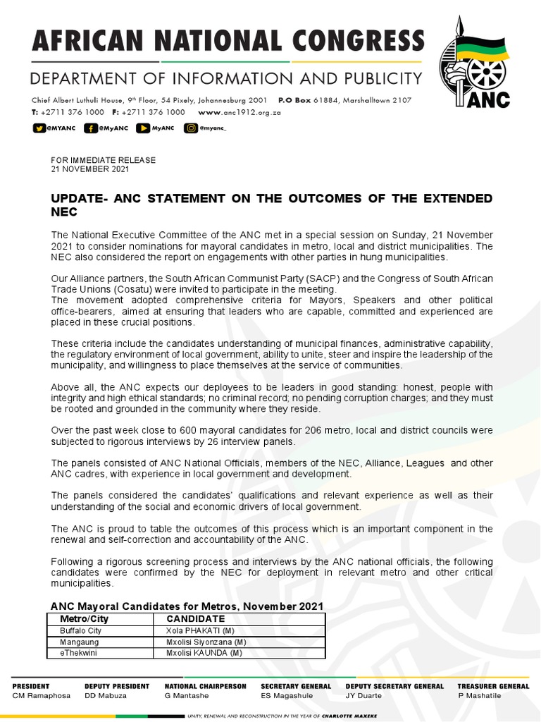 ANC Statement On Outcomes of Special NEC - 21 Nov 2021-3-1 | PDF ...